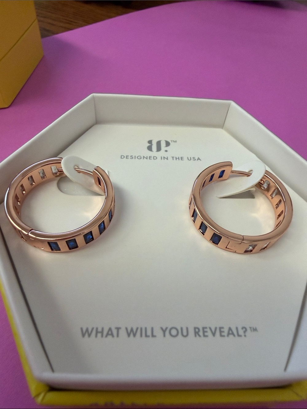 Bomb Party No Rose Gold Hoop Earrings with Blue Inlay - Designed in the USA